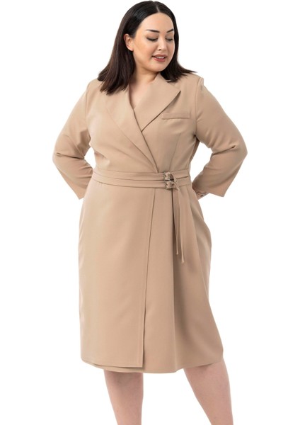 Büyük Beden Kruvaze Yaka Truvakar Kol Pileli Midi Vizon Elbise fiyatları