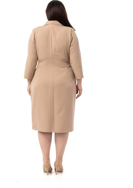 Büyük Beden Kruvaze Yaka Truvakar Kol Pileli Midi Vizon Elbise modelleri