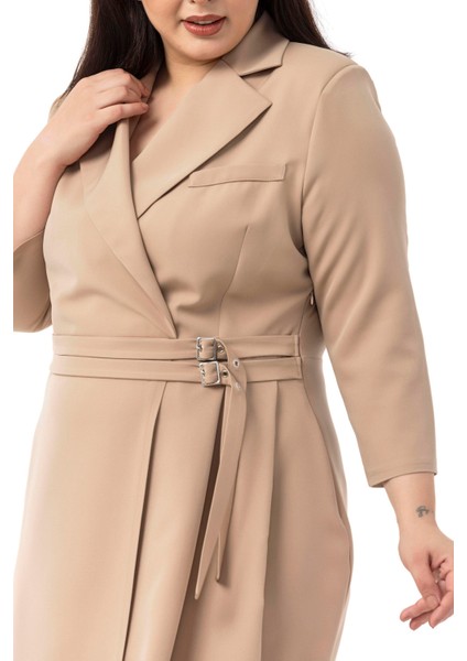 Büyük Beden Kruvaze Yaka Truvakar Kol Pileli Midi Vizon Elbise indirimleri