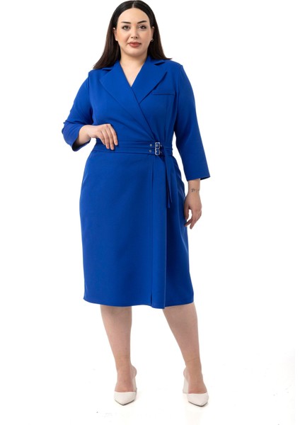 Büyük Beden Kruvaze Yaka Truvakar Kol Pileli Midi Saks Mavi Elbise
