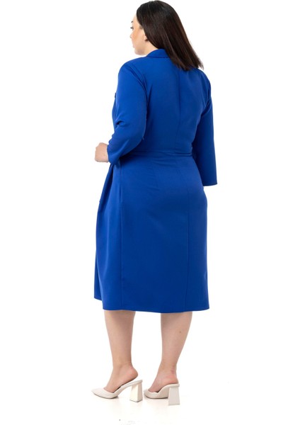 Büyük Beden Kruvaze Yaka Truvakar Kol Pileli Midi Saks Mavi Elbise modelleri