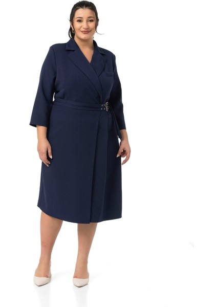 Büyük Beden Kruvaze Yaka Truvakar Kol Pileli Midi Lacivert Elbise