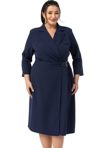 Büyük Beden Kruvaze Yaka Truvakar Kol Pileli Midi Lacivert Elbise fiyatları