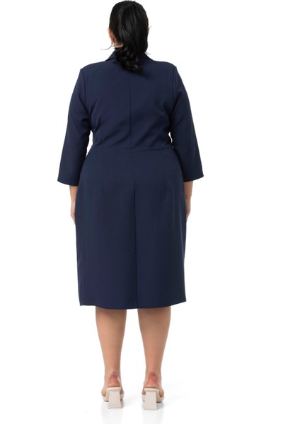 Büyük Beden Kruvaze Yaka Truvakar Kol Pileli Midi Lacivert Elbise modelleri