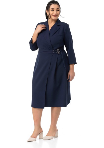 Büyük Beden Kruvaze Yaka Truvakar Kol Pileli Midi Lacivert Elbise fırsatları