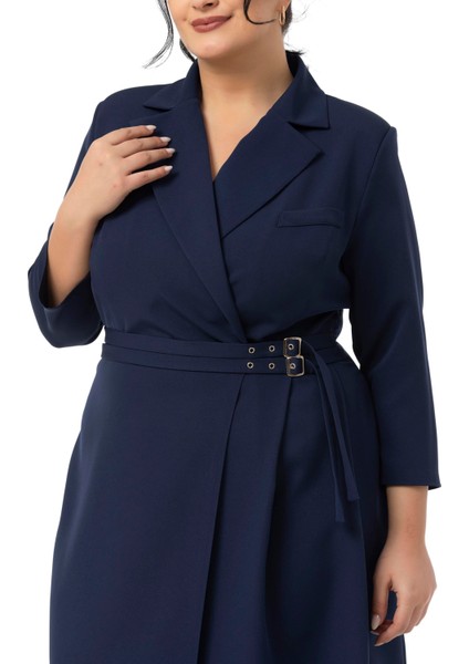 Büyük Beden Kruvaze Yaka Truvakar Kol Pileli Midi Lacivert Elbise indirimleri