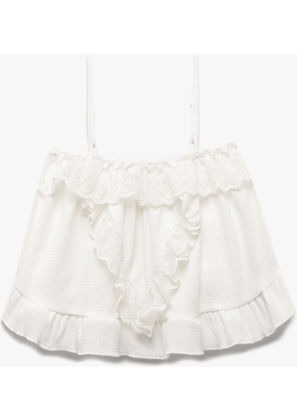 Dantel Detaylı Kare Yaka Askılı Crop Bluz
