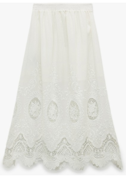 Pamuklu Astarlı Brode Detaylı Fistolu Midi Kloş Etek fiyatları