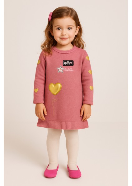 Pembe Kalp Detaylı Kız Çocuk Triko Elbise