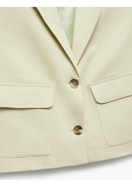 Cepli Düğmeli Kısa Kollu Astarlı Keten Crop Blazer Ceket
