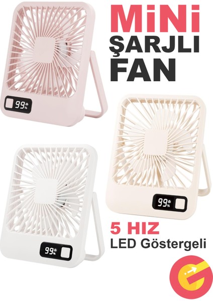 Şarjlı Sessiz Mini Fan Vantilatör, 1 Adet, 180° Ayarlanabilir, 5 Hız, Led Göstergeli, Type-C Şarj