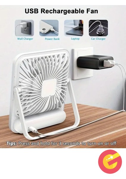 Şarjlı Sessiz Mini Fan Vantilatör, 1 Adet, 180° Ayarlanabilir, 5 Hız, Led Göstergeli, Type-C Şarj