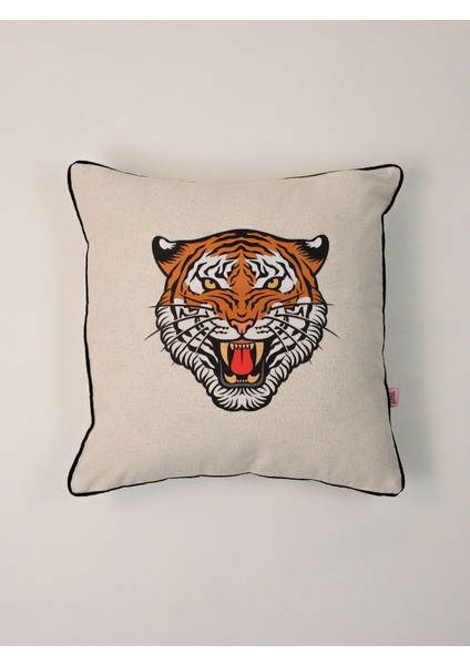 Roar Icon Kaplan Illüstrasyonlu Keten Kırlent Kılıfı 45X45 cm