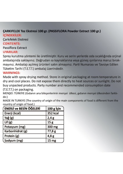 Passiflora (Çarkıfelek) Toz Ekstresi 100 gr. Cam Kavanoz fiyatları