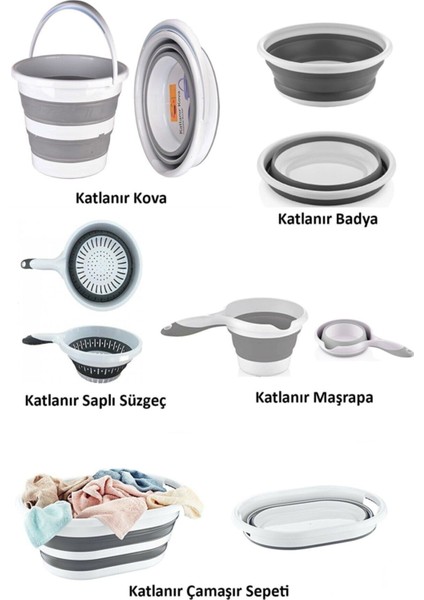 5'li Katlanır Banyo Mutfak Seti Katlanır Çamaşır Sepeti Kova Maşrapa Süzgeç Badya (Leğen)