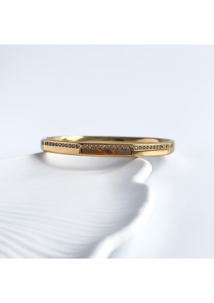 Silvalux Zirkon Taşlı Gold Çelik Kelepçe