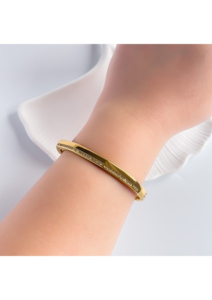 Silvalux Zirkon Taşlı Gold Çelik Kelepçe
