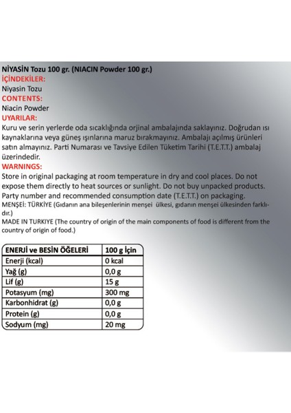 Niyasin Toz Ekstresi (Niacin Vitamin B3)100 gr. Cam Kavanoz fiyatları