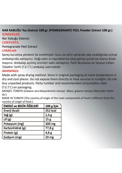 Nar Kabuğu Toz Ekstresi 100 gr Cam Kavanoz fiyatları