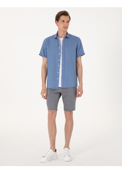 Erkek Mavi %100 Keten Regular Fit Kısa Kollu Gömlek 50305680-VR036