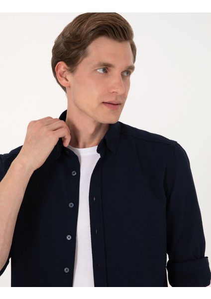Erkek Lacivert Slim Fit Uzun Kollu Gömlek 50307162-VR033 fiyatları
