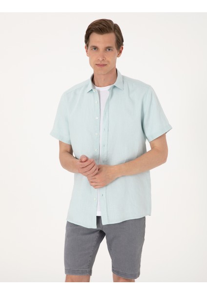 Erkek Su Yeşili %100 Keten Regular Fit Kısa Kollu Gömlek 50305680-VR115