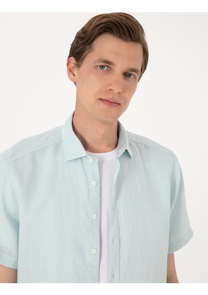 Erkek Su Yeşili %100 Keten Regular Fit Kısa Kollu Gömlek 50305680-VR115 fiyatları