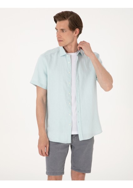 Erkek Su Yeşili %100 Keten Regular Fit Kısa Kollu Gömlek 50305680-VR115 modelleri