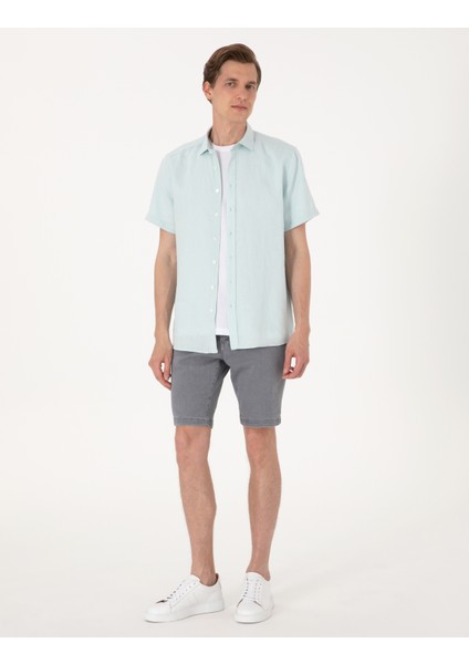 Erkek Su Yeşili %100 Keten Regular Fit Kısa Kollu Gömlek 50305680-VR115 fırsatları
