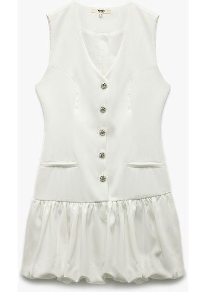 Düğmeli Kolsuz V Yaka Mini Balon Elbise