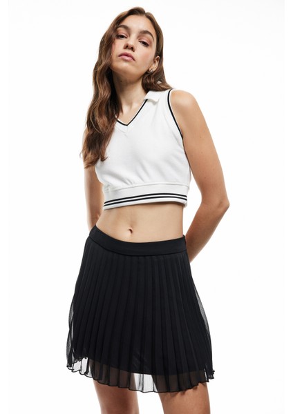 Pileli Astarlı Şifon Mini Etek