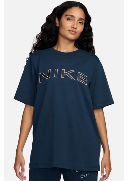 Sportswear Phoenix Graphic Loose Short Sleeve Kadın Bol Kesim Pamuklu Tişört Lacivert