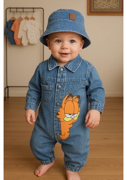 Unisex Çocuk Bebek Kot (Jeans) Baskılı Şapkalı Tulum (3/6/9/12) Ay