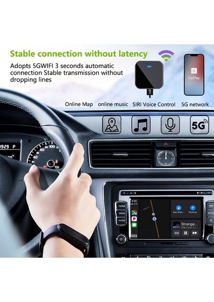Pl8 Carplay / Android Auto Kablosuz Video Kutusu Araç Akıllı Carplay Adaptörüne Kablolu - Karbon Fiber Doku