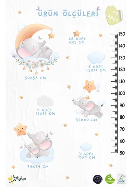 Sevimli Filler Yıldızlar ve Bulutlar Temalı Temalı Boy Ölçer Boy Cetveli Sticker Seti Çocuk fırsatları