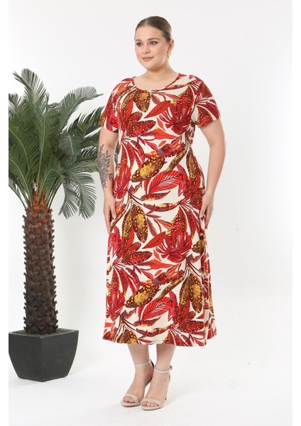 Kadın Kırmızı Beyaz Tropikal Desen Esnek Maxi Elbise