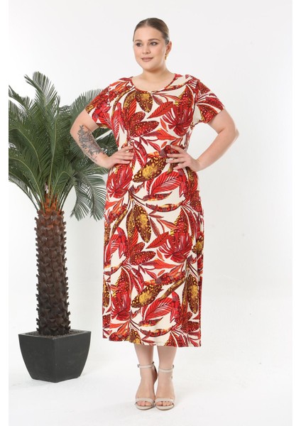 Kadın Kırmızı Beyaz Tropikal Desen Esnek Maxi Elbise fiyatları