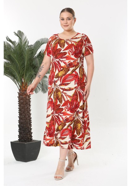 Kadın Kırmızı Beyaz Tropikal Desen Esnek Maxi Elbise modelleri