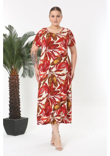 Kadın Kırmızı Beyaz Tropikal Desen Esnek Maxi Elbise fırsatları