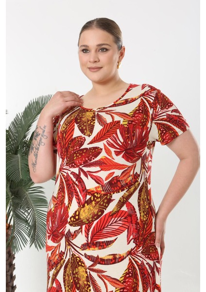 Kadın Kırmızı Beyaz Tropikal Desen Esnek Maxi Elbise indirimleri