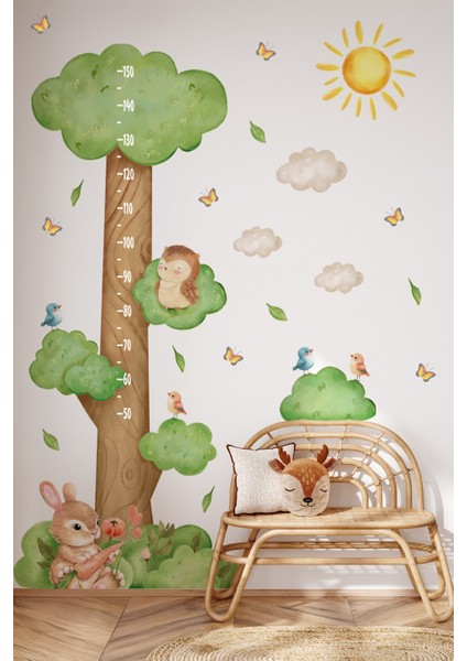 Ormanda Keyifli Bir Gün Temalı Temalı Boy Ölçer Boy Cetveli Sticker Seti Çocuk, Sevimli Orman Figür