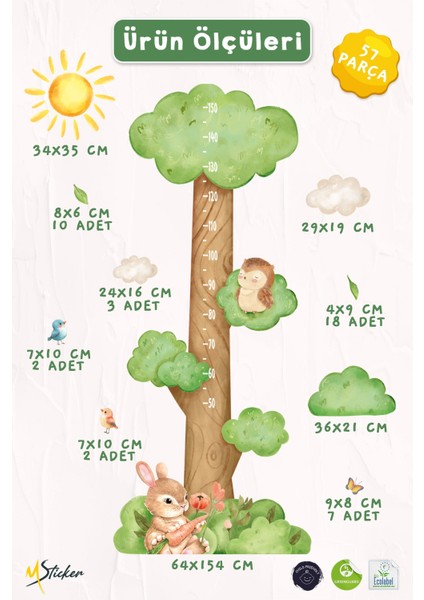 Ormanda Keyifli Bir Gün Temalı Temalı Boy Ölçer Boy Cetveli Sticker Seti Çocuk, Sevimli Orman Figür fırsatları