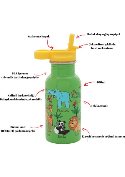 400 ml Pipetli Paslanmaz Çelik Matara Jungle fırsatları