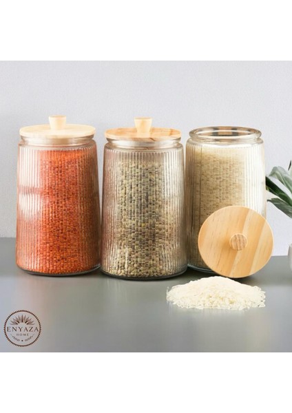 3’lü Bambu Vakum Kapaklı Çizgili Cam Çay Şeker Kahve Tuz Bakliyat Saklama Kavanozu 1800 ml