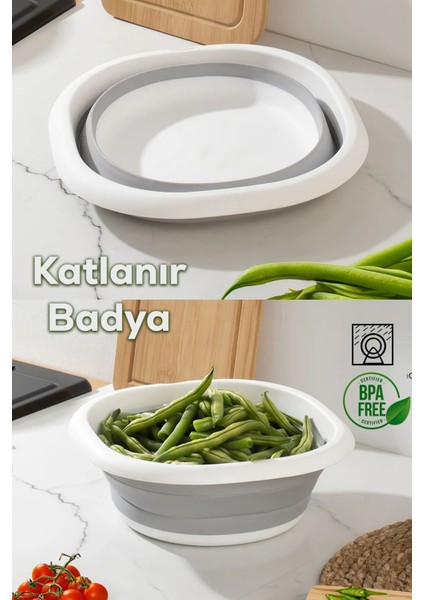 Çok Amaçlı Katlanır Badya Akordiyon Leğen 5 Litre Beyaz Gri