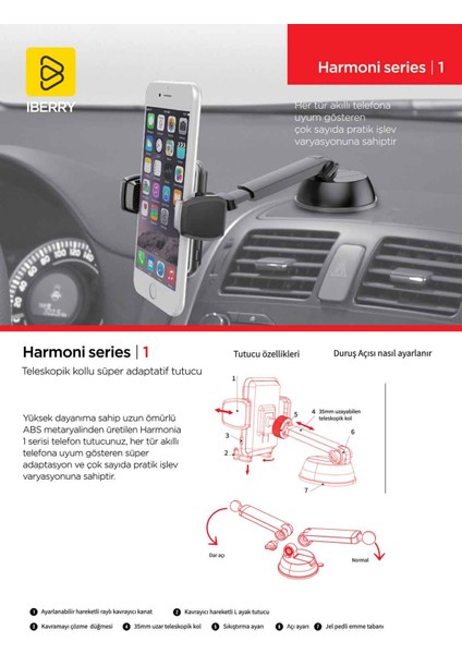 Harmoni1 H01 Teleskopik Vantuzlu süper Adaptatif Araç Içi Telefon Tutucu