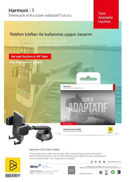 Harmoni1 H01 Teleskopik Vantuzlu süper Adaptatif Araç Içi Telefon Tutucu