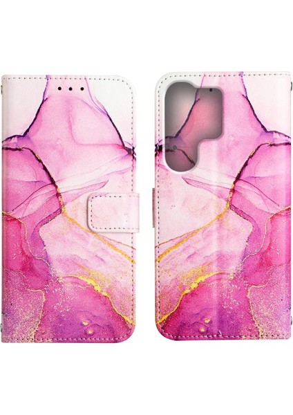Samsung Galaxy S23 Ultra Kılıf 360 Tam Kaplar Deri Marble Kapaklı Cüzdan Standlı Kartvizitli Kopçalı Kapak Kartlıklı (Yurt Dışından)