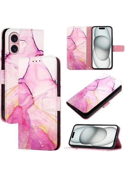 iPhone 16 Plus Kılıf 360 Tam Kaplar Deri Marble Kapaklı Cüzdan Standlı Kartvizitli Kopçalı Kapak Kartlıklı (Yurt Dışından)