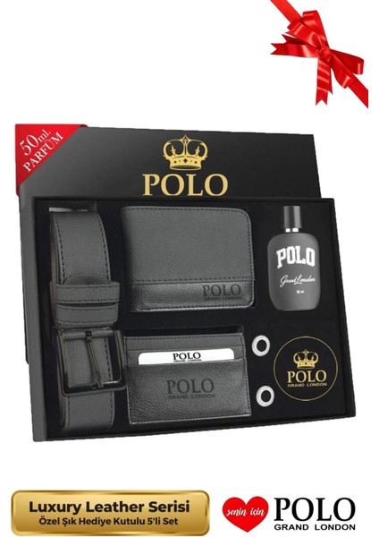 Orijinal Erkek 5'li Hediye Kutulu Luxury Serisi Deri Kemer Cüzdan Kartlık Kol Düğmesi Parfüm Seti